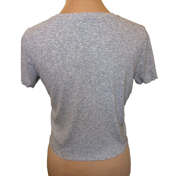Aerie Light Gray Cropped Baby Tee Ribbed Lettuce Trim Women's Size Medium #175 - Picture 2 of 8